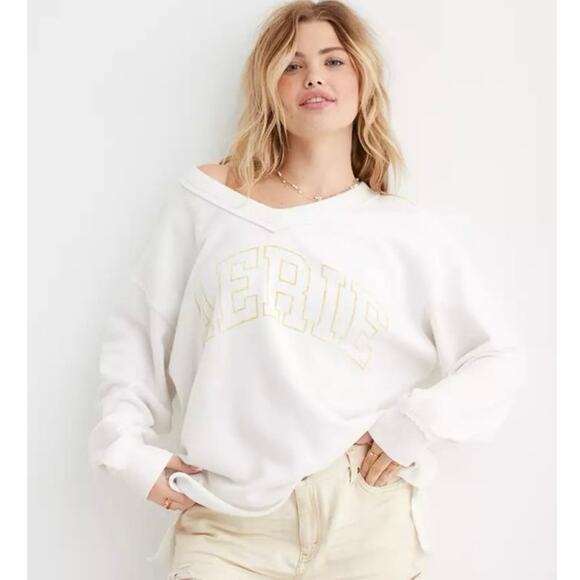 Aerie Tops - Aerie Wonder V-Neck Logo Sweatshirt White Pullover Oversized Cozy Loungewear M